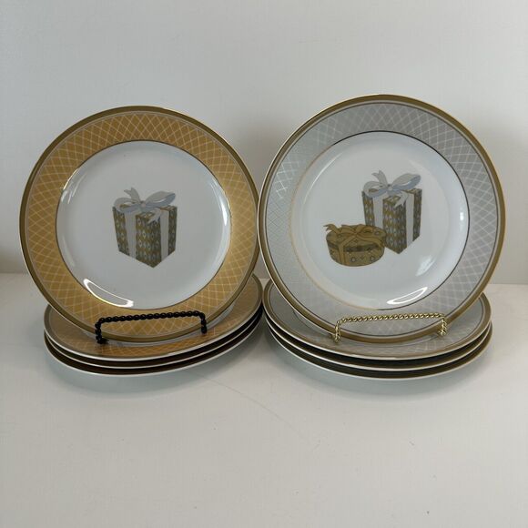 Vintage Lillian Vernon Christmas/Birthday Platinum Gold Rim 8” Plates Set of 4 - Picture 8 of 9